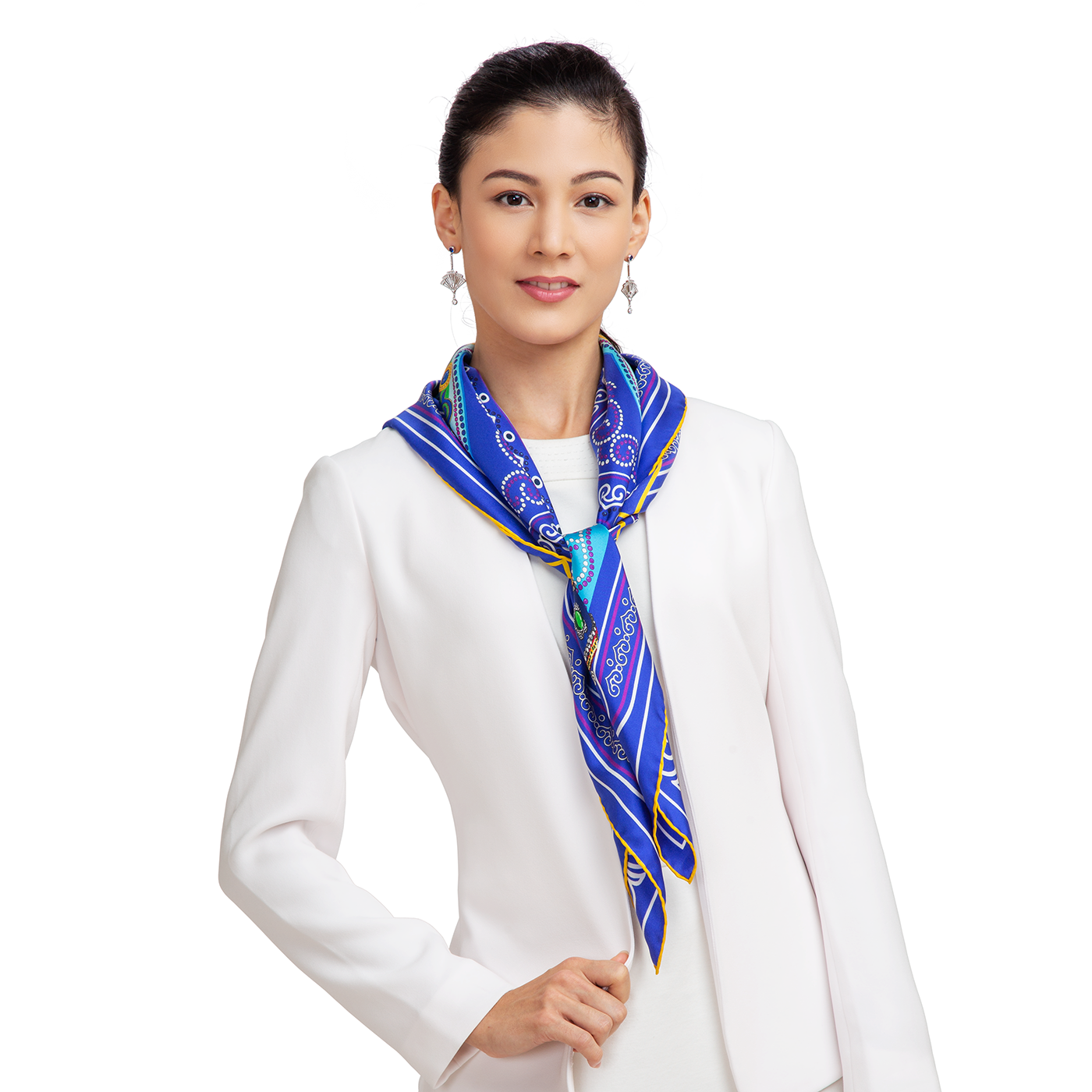 Mongolian Bowls Silk Scarf (36" x 36") Model Image | Shen Yun Shop