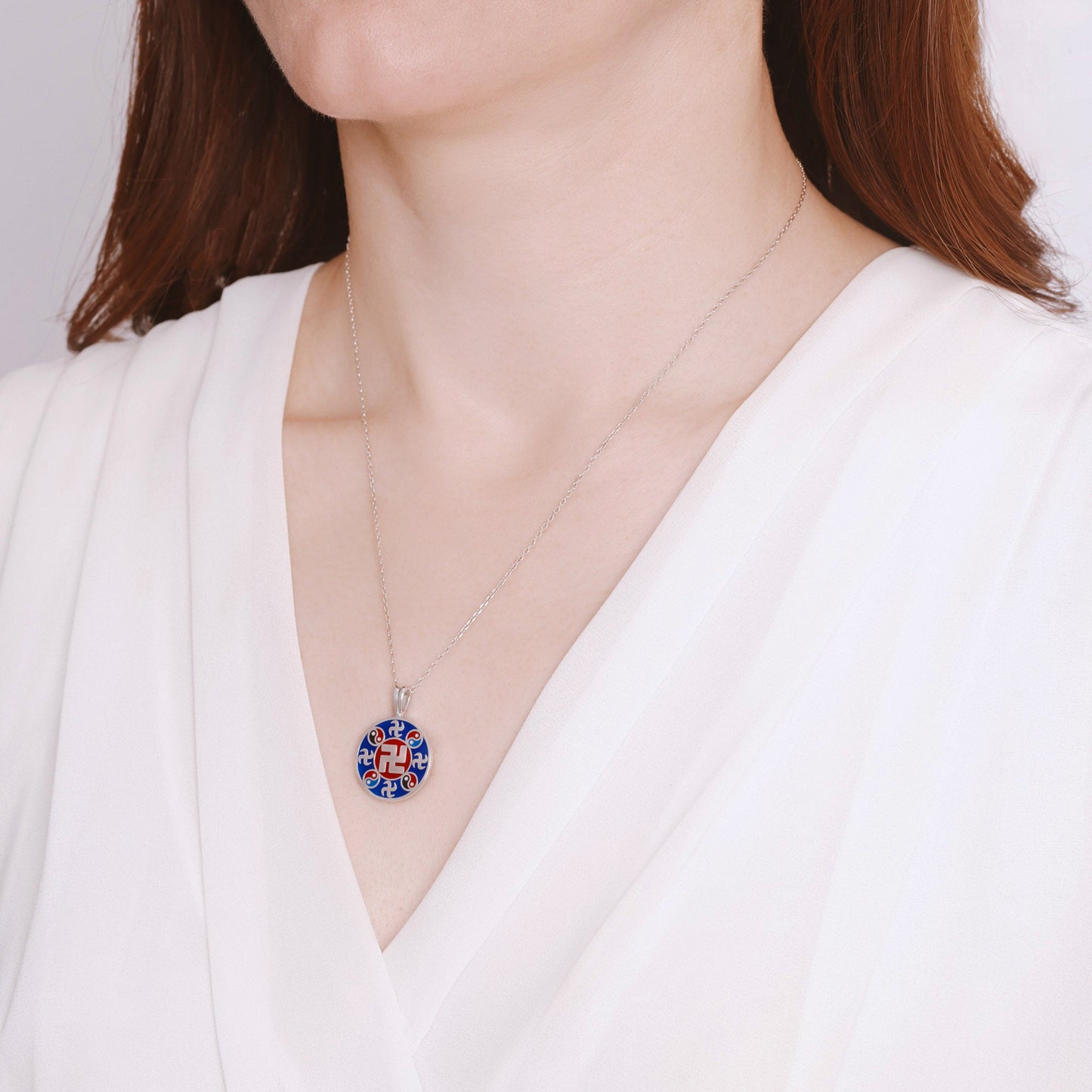 Falun Enamel Indigo Blue Pendant Silver Model Image | Shen Yun Collections 