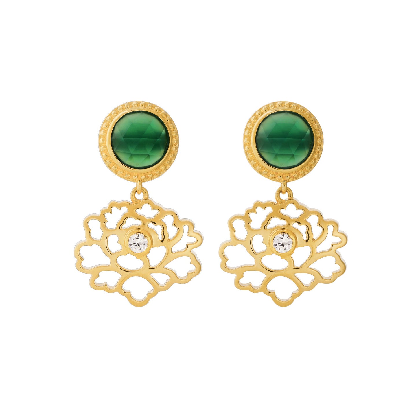 Majestic Tang Peony Earrings Gold Vermeil with Green Agate | Shen Yun Collections