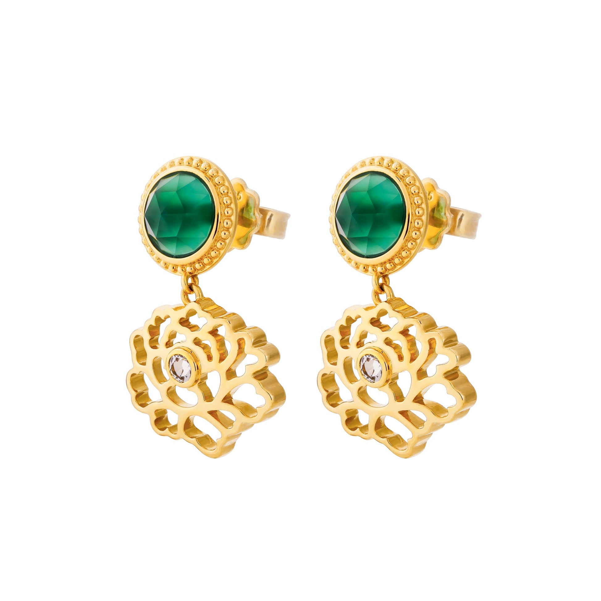 Majestic Tang Peony Earrings Gold Vermeil with Green Agate | Shen Yun Collections