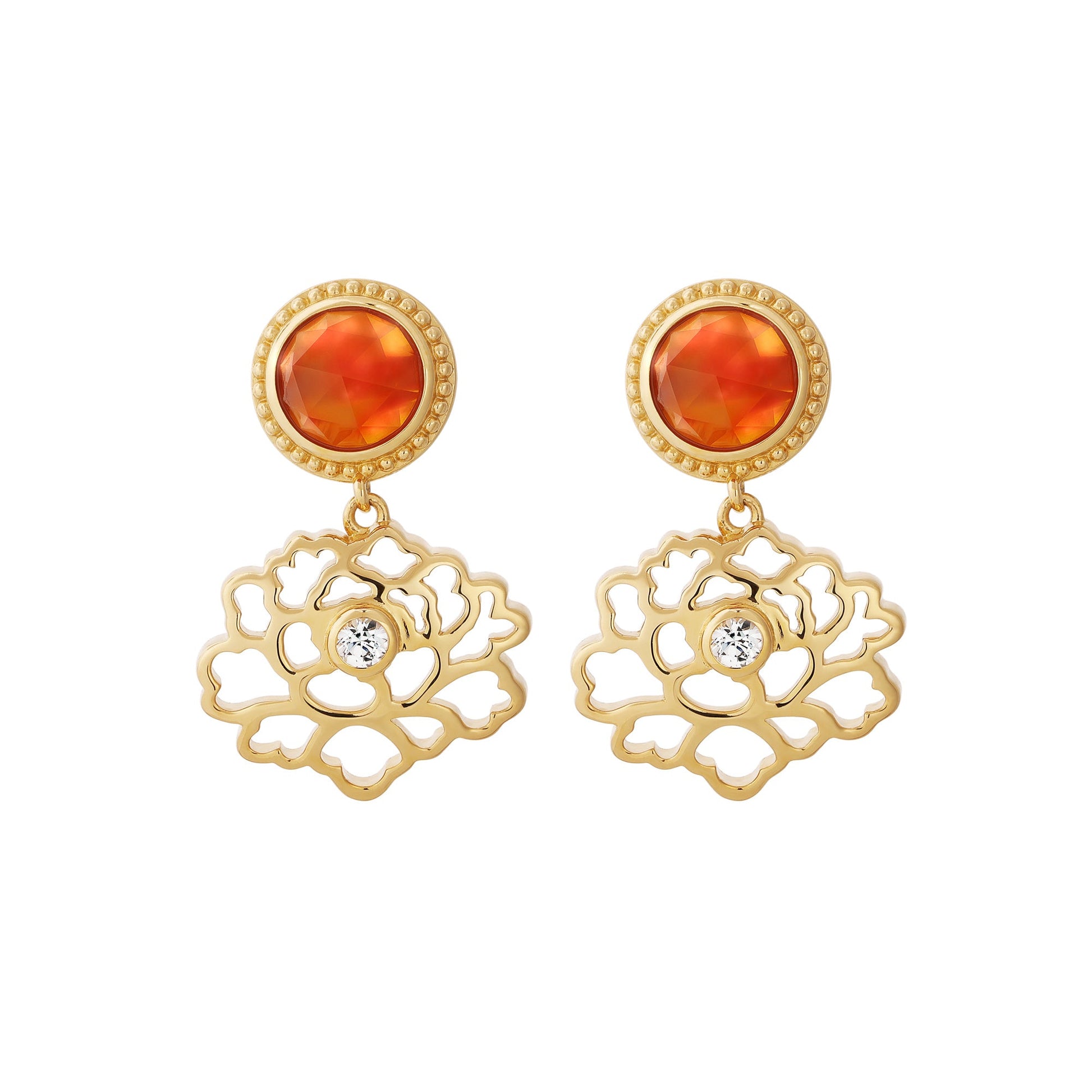 Majestic Tang Peony Earrings Gold Vermeil with Orange Carnelian | Shen Yun Collections