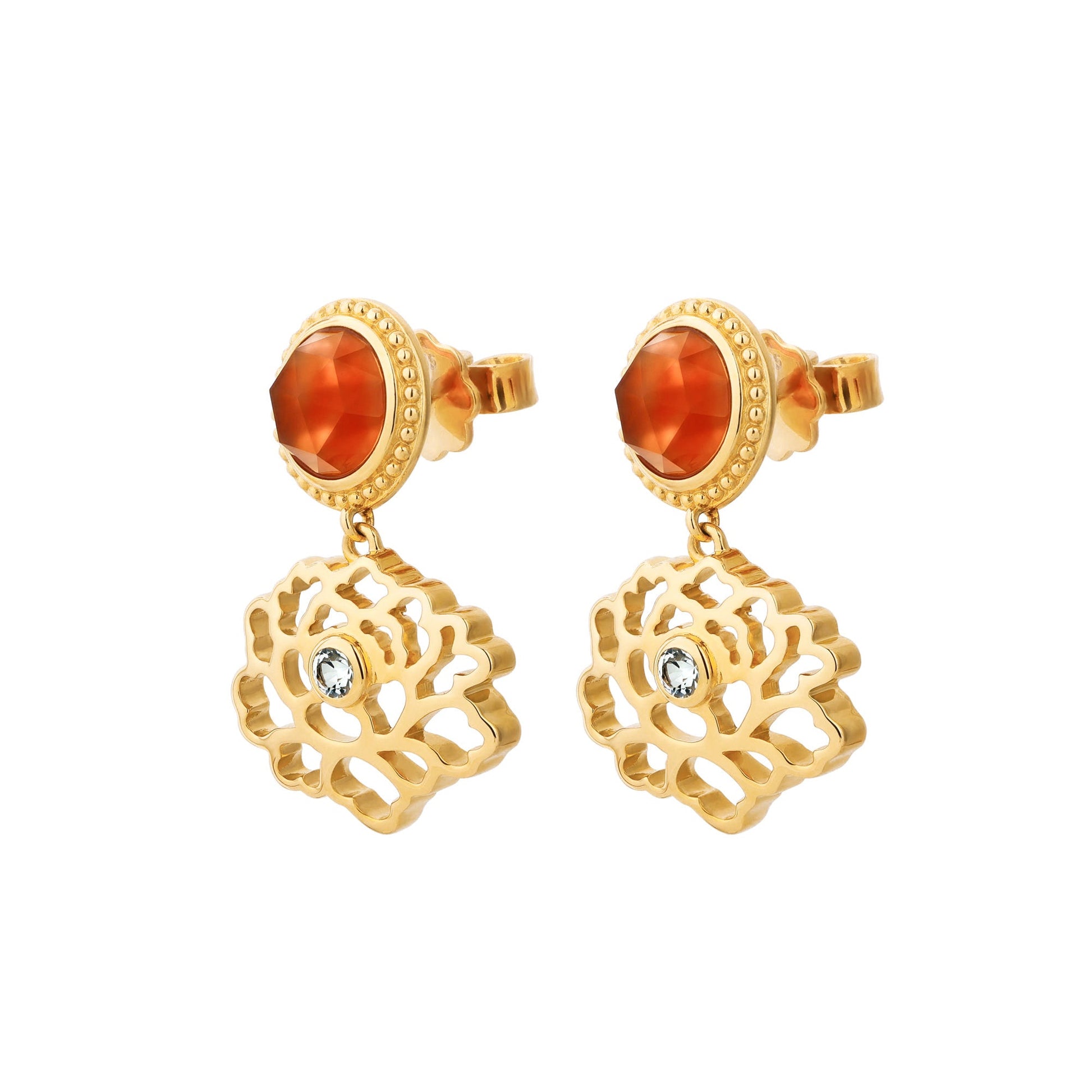 Majestic Tang Peony Earrings Gold Vermeil with Orange Carnelian | Shen Yun Collections