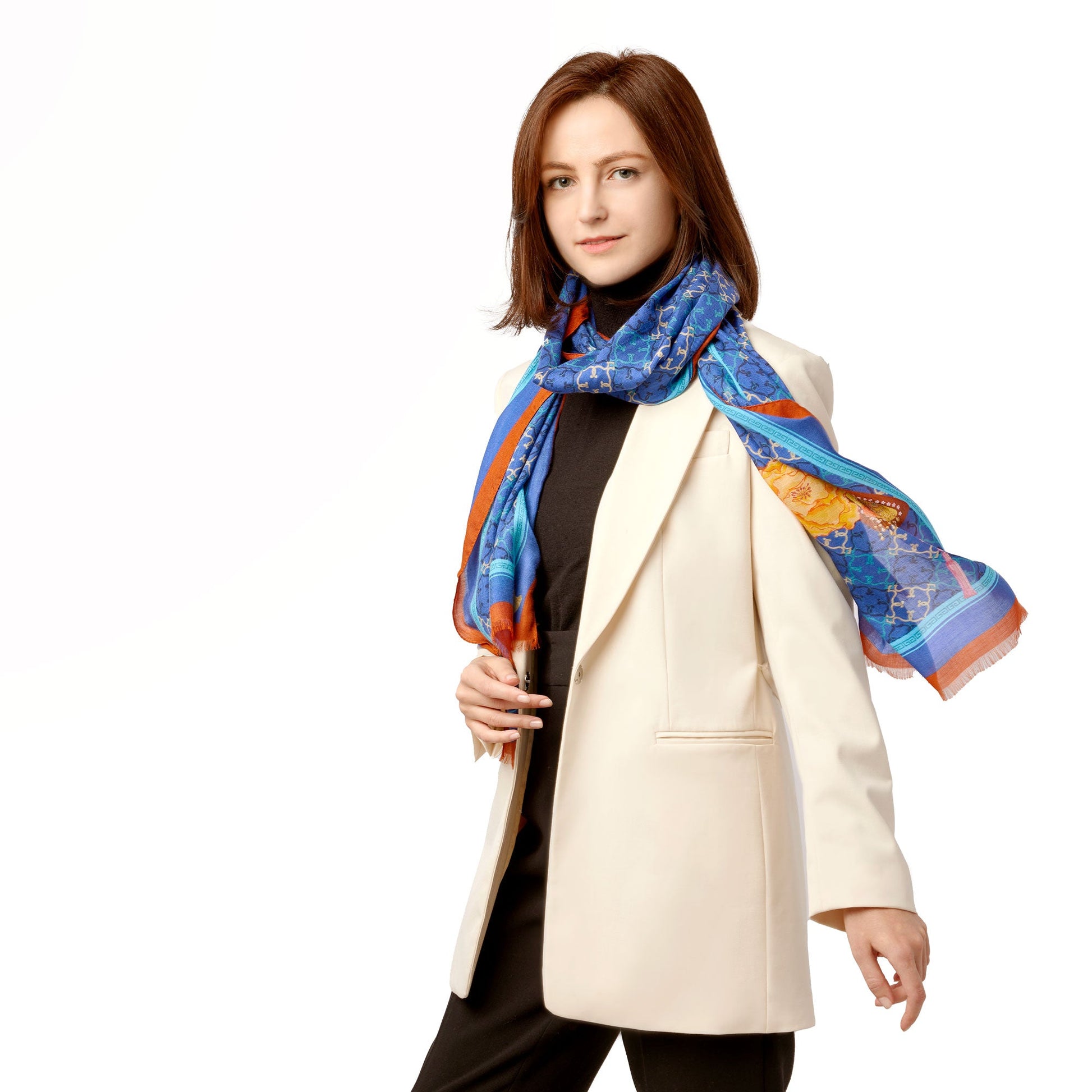 Manchurian Elegance Long Scarf Blue Lifestyle Model 2 | Shen Yun Shop