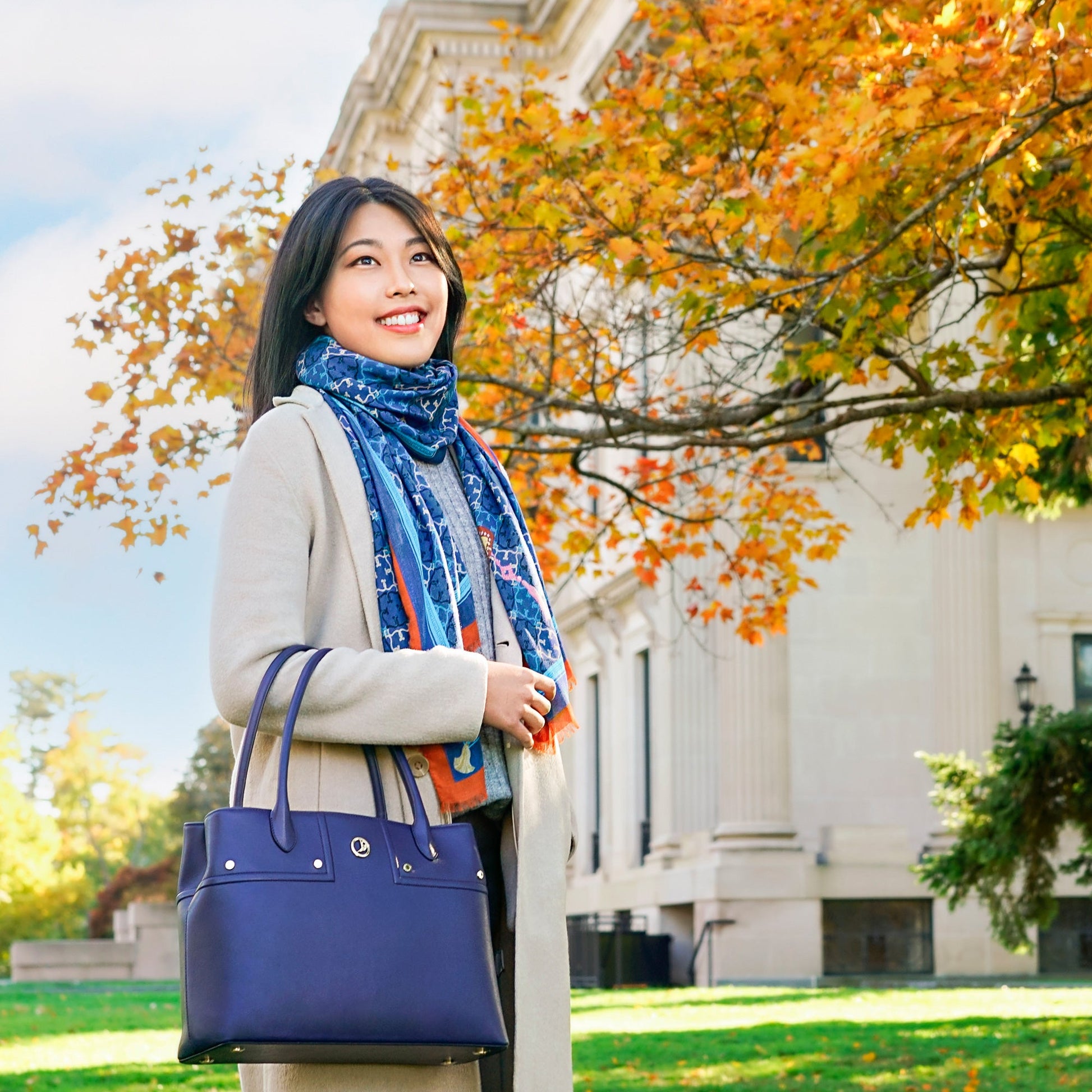 Manchurian Elegance Long Scarf Blue Lifestyle Model | Shen Yun Shop