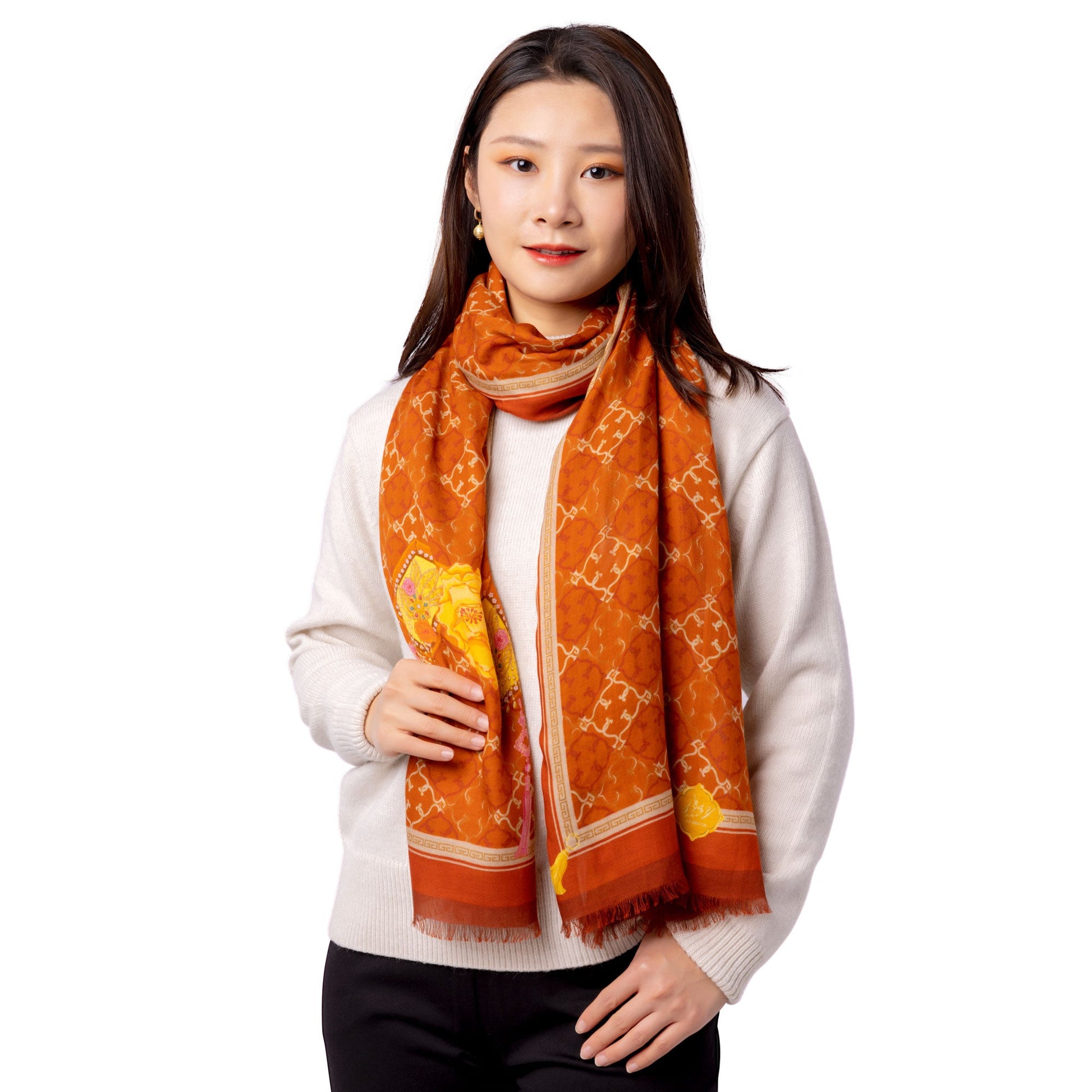 Manchurian Elegance Long Scarf Bronze Lifestyle Model 2 | Shen Yun Shop 