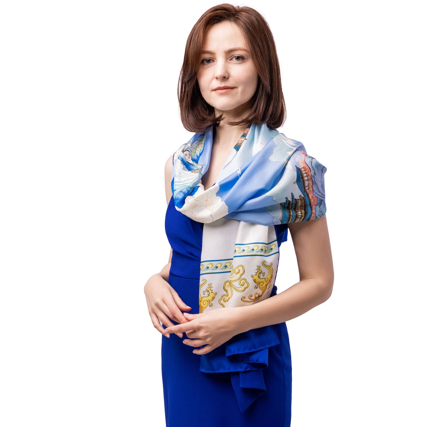 Phoenix of the Sapphire World Silk Long Scarf Model Image | Shen Yun Shop